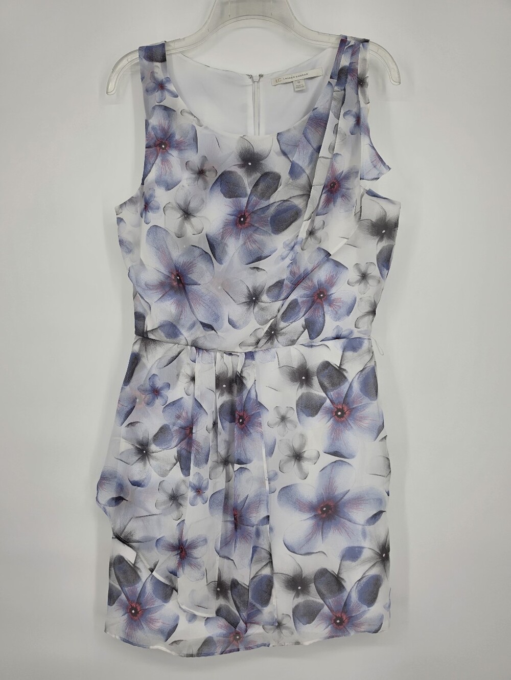 LC Lauren Conrad Floral Sheath Dress Size 10 White Blue Ruffle Overlay Belted